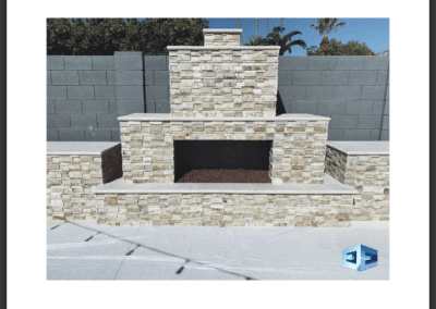Brand new fireplace with lava rock and stacked stone in artistic paver caps